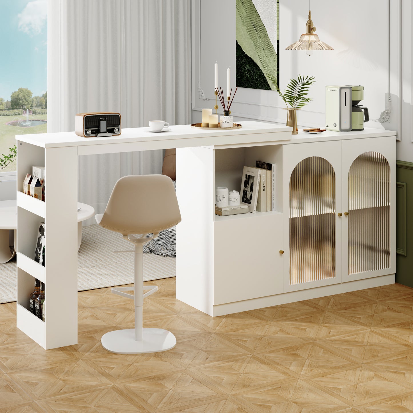 Ontbijtbar – Keukenbar – Barschrank – Werkblad – Rotatiebar Zwart – 360° Draaibaar Zijpaneel – MDF Met Glasfront 120x40x97 cm