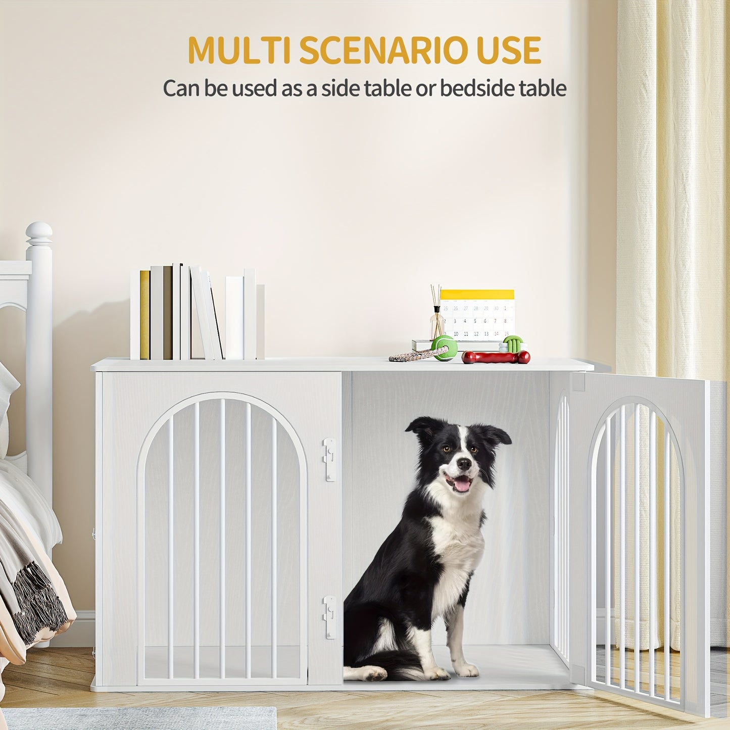 Hondenbench – Hondenkooi – Hondenhok – Dierenkooi – Hondenhuis – 3 Deuren & Gebogen Deur – 108x64x76 cm Wit – Hout & Metaal – Sterk en Multifunctioneel