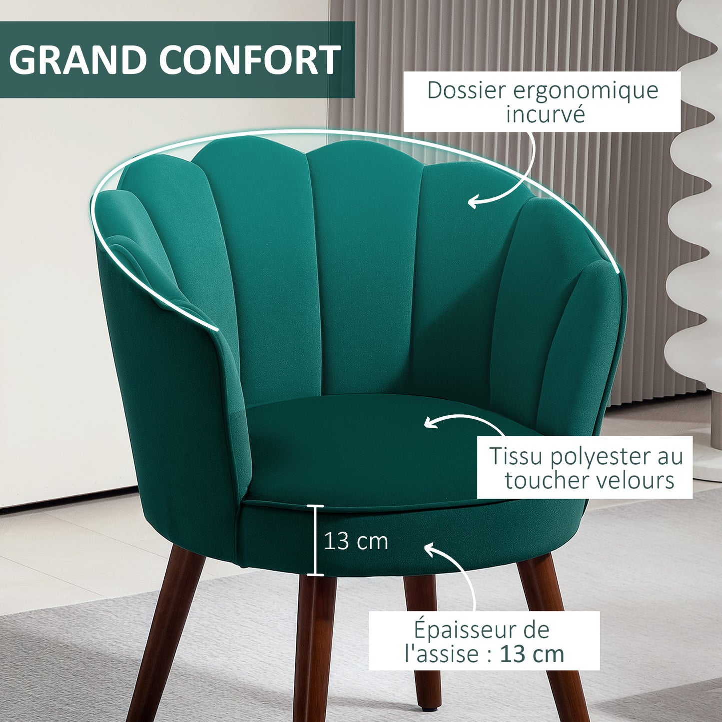Fauteuil – Relaxstoel – Leunstoel – Lounge Stoel – Zetel – Fluwelen Bekleding – Houten Poten – 66x66x78,5 cm – Groene Schelpvormige Rugleuning