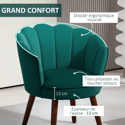 Fauteuil – Relaxstoel – Leunstoel – Lounge Stoel – Zetel – Fluwelen Bekleding – Houten Poten – 66x66x78,5 cm – Groene Schelpvormige Rugleuning