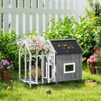 PawHut Outdoor Wooden Dog House with Terrace and Fence, Slatted Door, and Pointed Bitumen Roof, for Garden, Yard, Veranda, Patio, 106 x 62.5 x 80.5 cm, Gray