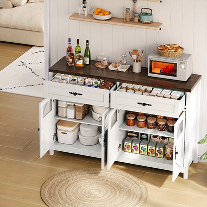 Dressoirkast – Sideboard – Opbergkast – Buffetkast – Kastenmeubel – Wit – 140 cm lang – Bamboe – Duurzaam – 4 Deuren – 2 Lades – Modern – Minimalistisch – Multifunctioneel