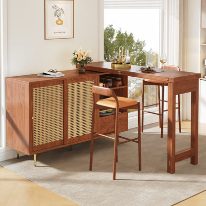 Bartafel – Bartafelset – Statafel – Keukentafel – Bistrotafel – 360° Draaibaar – Uitschuifbaar Ontwerp – Hout & MDF – Rattan Opbergruimte – Bruin – Compacte Afmetingen (107x40x71,4 cm)