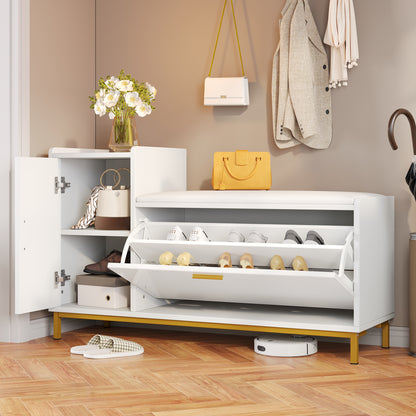 Schoenenkast – Schoenenrek – Schoenenopberger – Schoenenbank – Opbergkast – Hoogglans Wit – Met Zitkussen – 100x38x68 cm – Gouden Metalen Poten