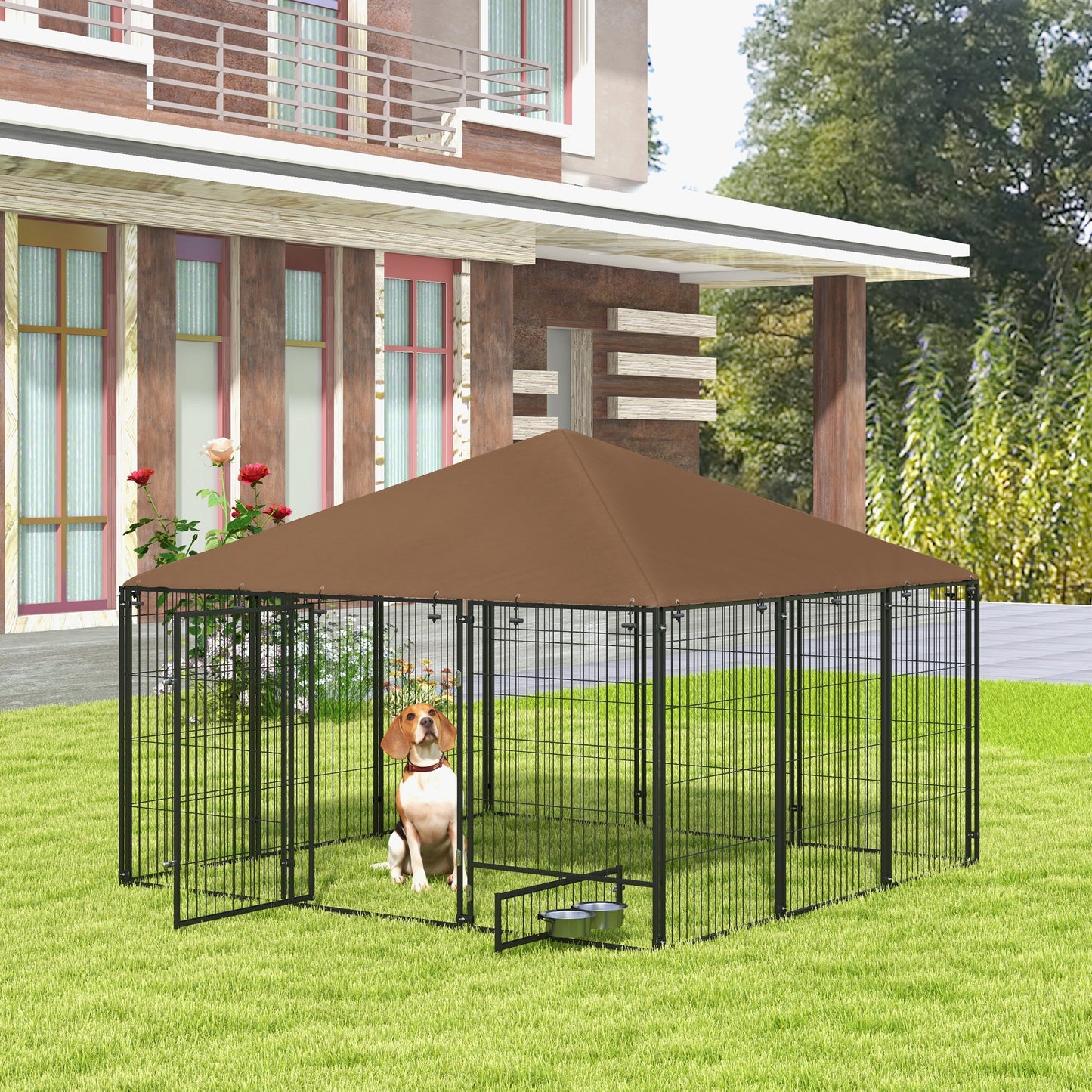 Buitenkennel Honden – Hondenren – Hondenhok – Hondenkooi – Buitenverblijf – Robuust Roestvrij Staal – Waterdicht Oxford Dak – Café Kleur – 211x211x151 cm – Veilig en Ruim