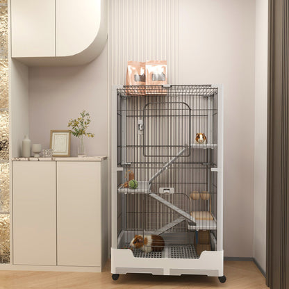 3-Tier Mobile Rabbit Hutch with Removable Ramp & Wheels - Durable Metal & Plastic Pet Cage for Rabbits, Guinea Pigs, Puppies - Spacious Multi-Level Design with Ventilated Mesh, Easy Assembly, White/Grey (73x50x68cm), Rabbit H