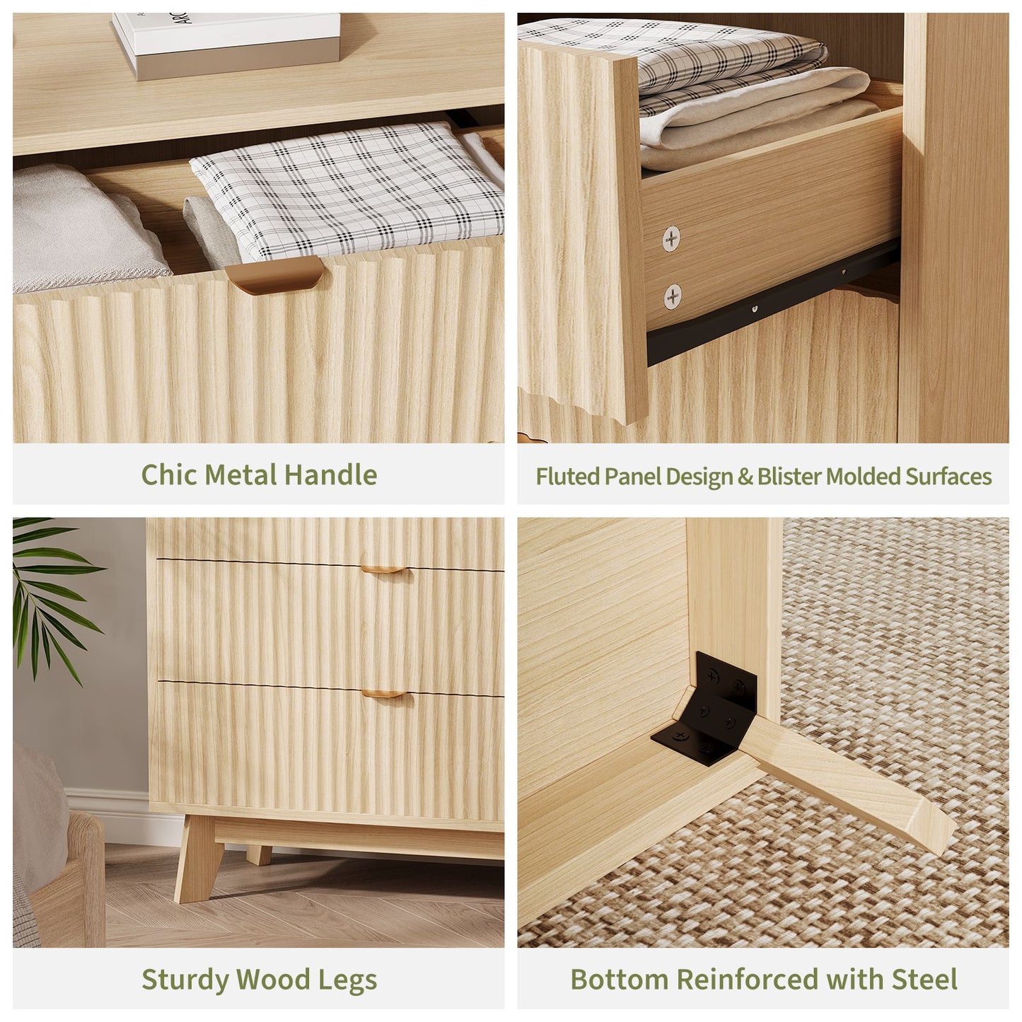 Modern Oak Wood Dresser with 3-Drawer Storage - Natural Oak Finish & Metal Handles, Tall Cabinet Suitable for Bedroom, Living Room, Hallway - Assembly Required, Furniture