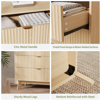 Modern Oak Wood Dresser with 3-Drawer Storage - Natural Oak Finish & Metal Handles, Tall Cabinet Suitable for Bedroom, Living Room, Hallway - Assembly Required, Furniture