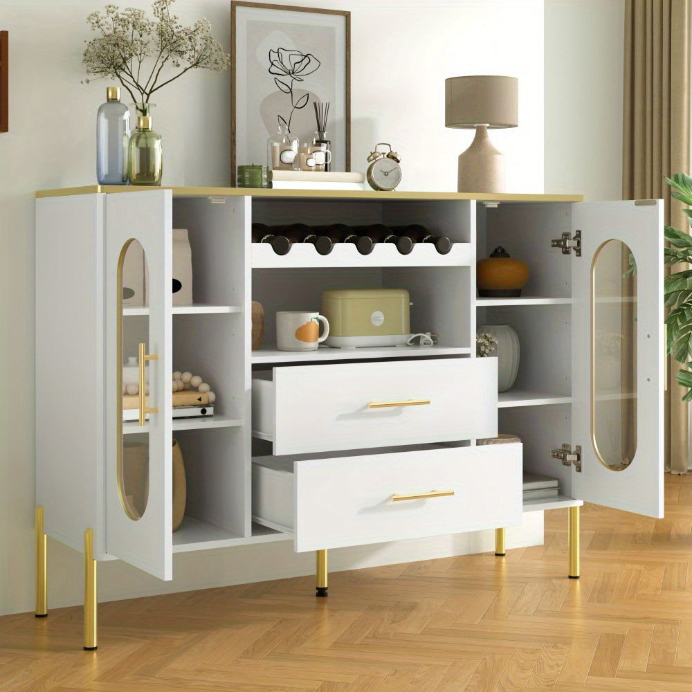 Dressoir – Kast – Sideboard – Opbergkast – Ladekast – Wit MDF Met Glazen Deuren – Inclusief Wijnrek En Lades – Stijlvol En Ruim Opbergmeubel
