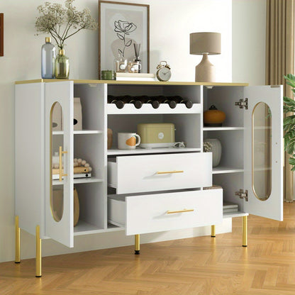 Dressoir – Kast – Sideboard – Opbergkast – Ladekast – Wit MDF Met Glazen Deuren – Inclusief Wijnrek En Lades – Stijlvol En Ruim Opbergmeubel