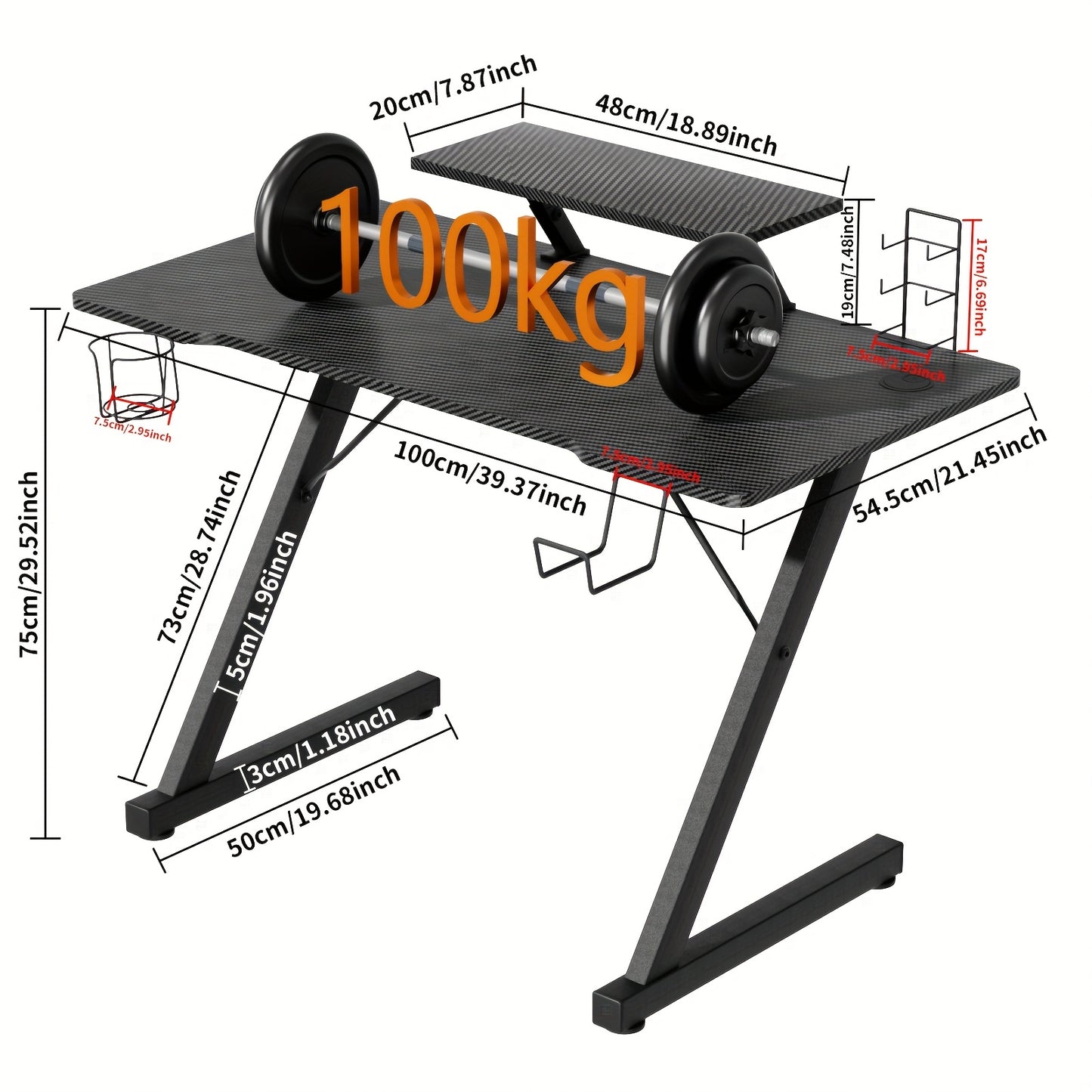 Gamingbureau – Game Bureau – Gaming Desk – Computertafel – Game Tafel – Carbon Fiber Blad – Metalen Frame – 150 kg Draagvermogen – Inclusief Bekerhouder & Headset Haak