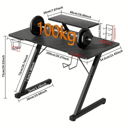 Gamingbureau – Game Bureau – Gaming Desk – Computertafel – Game Tafel – Carbon Fiber Blad – Metalen Frame – 150 kg Draagvermogen – Inclusief Bekerhouder & Headset Haak
