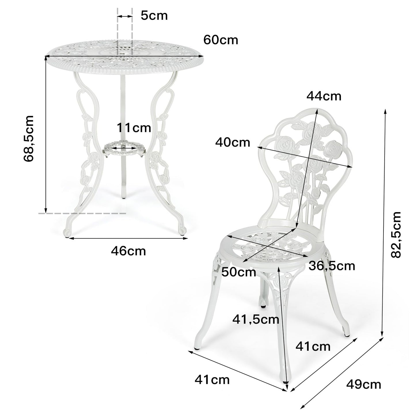 Tuinmeubelset – Balkonset – Bistroset – Terrasmeubilair – Tuinset – Wit – Aluminium Gietijzer – Weerbestendig & Inclusief Parasolgat