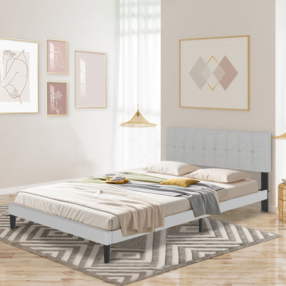 Bedframe – Gestoffeerd Bed – Tweepersoonsbed – Lattenbodem – Slaapbank – Linnen Hoofdbord – Stevig MDF & Massief Hout – Geschikt voor Matras 140x200 cm