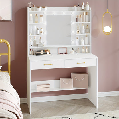 Kaptafel – Make-up Tafel – Cosmeticatafel – Sieradentafel – Opbergtafel – Verstelbare LED Spiegelverlichting – 2 Ruime Lades – Wit – Duurzaam Houtmateriaal