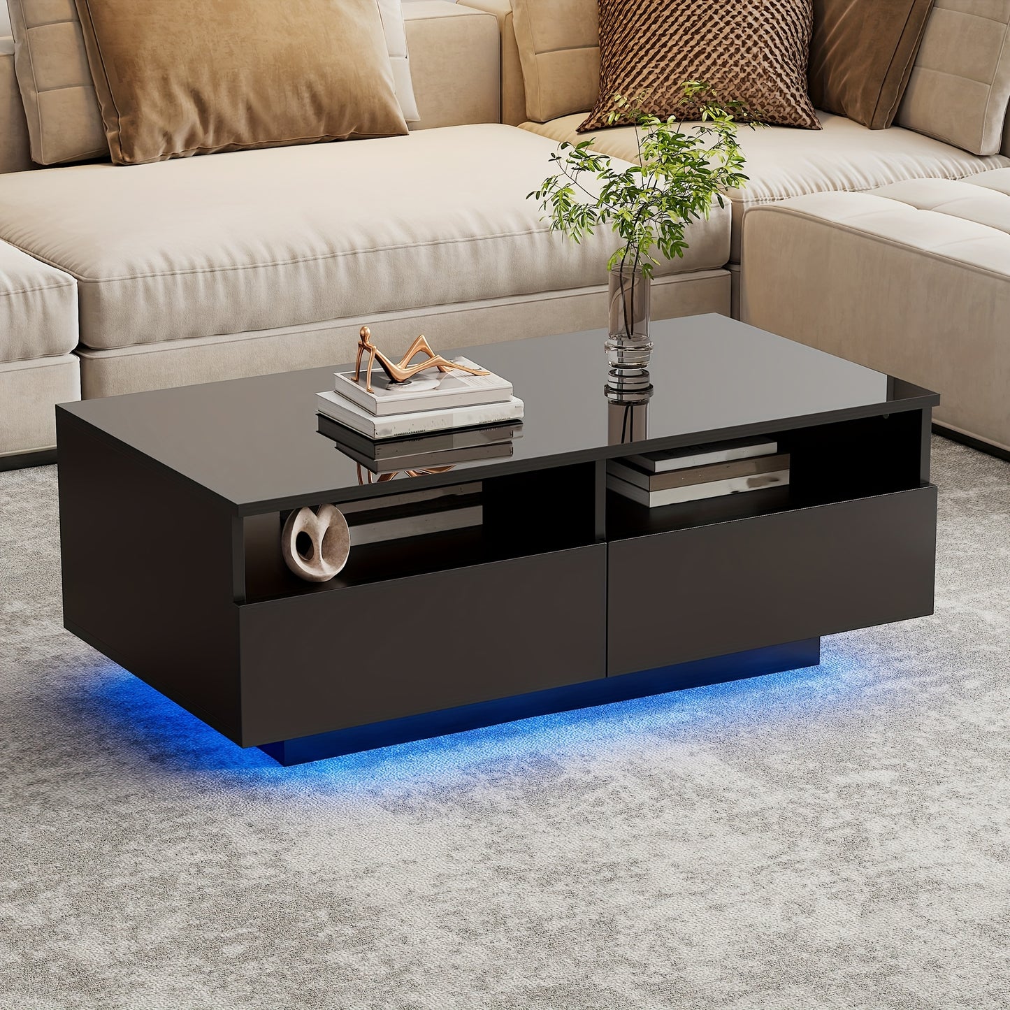 Hoogglans Salontafel – Koffietafel – Sofa Tafel – Woonkamer Tafel – Moderne Salontafel – Zwart – 2 Laden – Duurzaam Hout