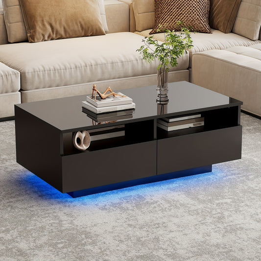 Hoogglans Salontafel – Koffietafel – Sofa Tafel – Woonkamer Tafel – Moderne Salontafel – Zwart – 2 Laden – Duurzaam Hout