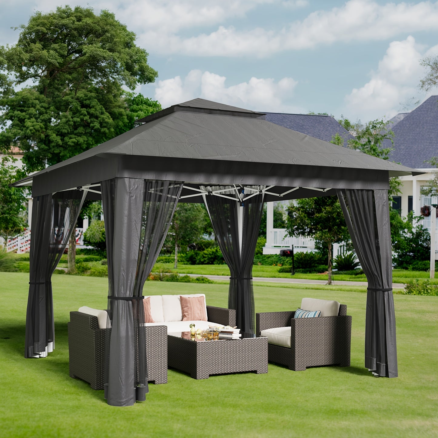 Partytent – Tuinpaviljoen – Paviljoen – Easy-Up Tent – Vouwtent – 3,35x3,35 m – Waterdicht Met Muskietennet – Verstelbare Hoogte – UV-Bescherming – Inclusief Draagtas