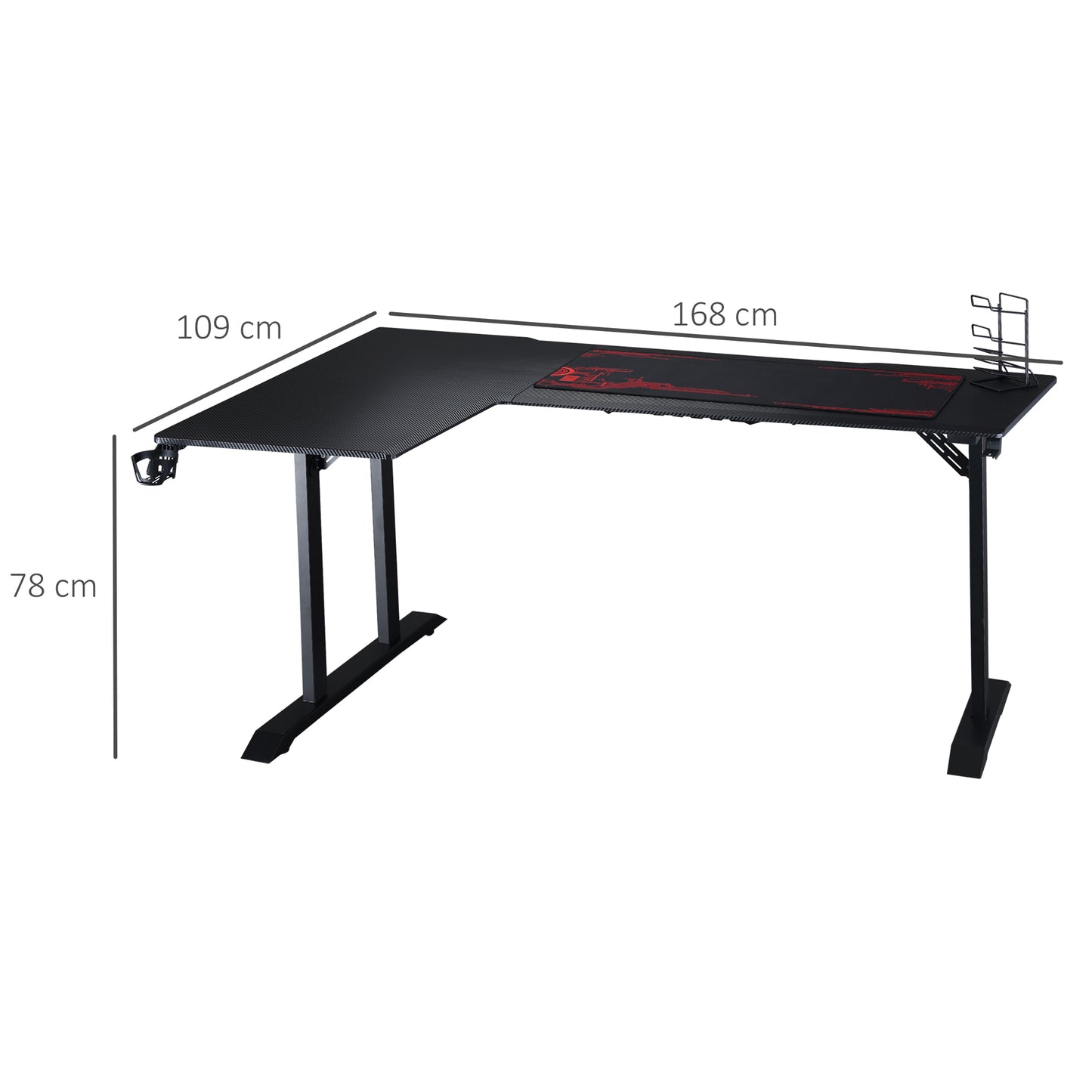 Gaming Bureau – Game Bureau – Gaming Desk – Computerbureau – Bureautafel – Hoekbureau – Zwart Met Rode Accenten – MDF Met Metaal – Koptelefoonhaak En Bekerhouder