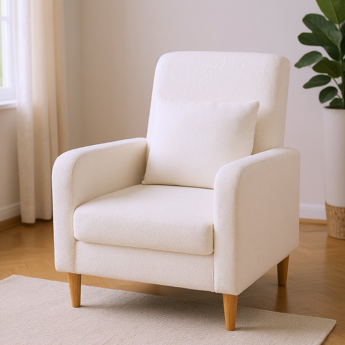 Fauteuil – Zithoekstoel – Lounge Stoel – Bijzetstoel – Leesstoel – Teddy Fleece Bekleding – Rubberhouten Poten – Incl. Lendenkussen – Modern Design – Wit