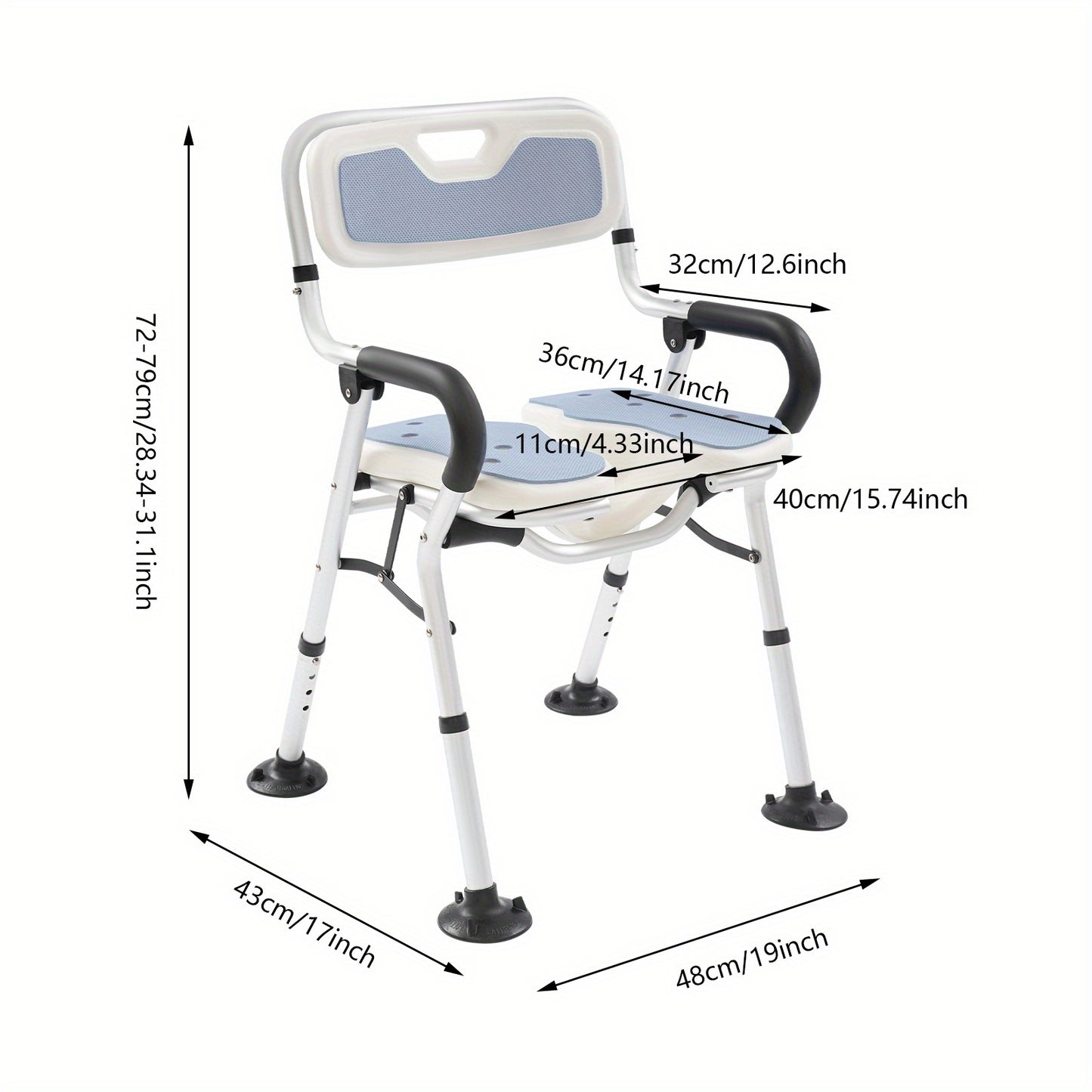 Opvouwbare Douchekruk – Douchezitje – Badkruk – Douchestoel – Douchebank – Verstelbare Hoogte 72-79 cm – Stevige Aluminium Constructie Tot 150 kg – Met Rugleuning en Armleuningen – Grijs