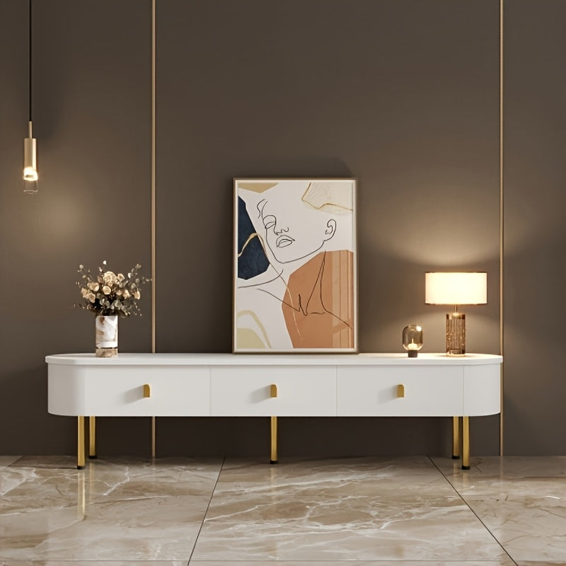 Tv Meubel – Tv Stand – Tv Kast – Tv Meubel Met Laden – Tv Dressoir Wit – Vloerstaand Met Gouden Poten – 3 Laden – Marmer-Effect Topblad