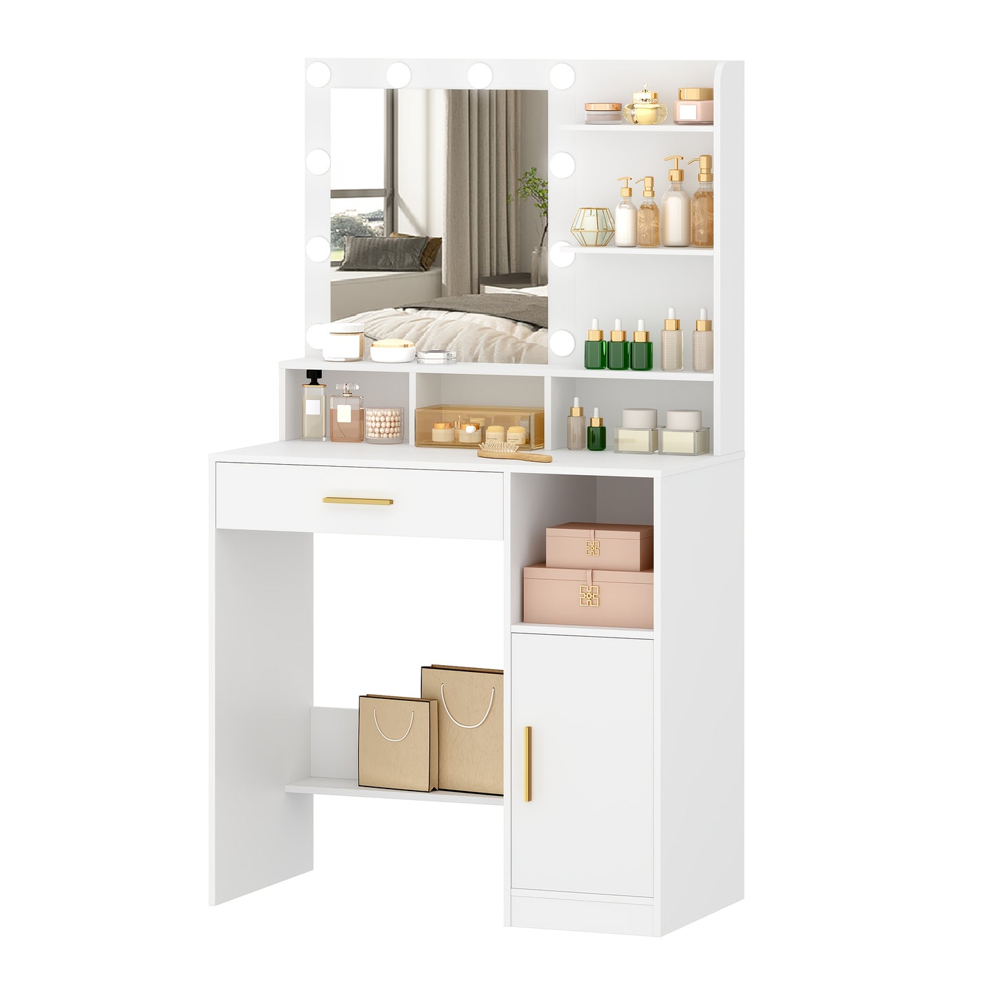 Kaptafel – Make-uptafel – Opmaaktafel – Visagietafel – Schoonheidstafel – Met Spiegel & 10 LED Lampen – 3 Planken & 4 Vakken – Wit – MDF – Compact & Inclusief Kruk