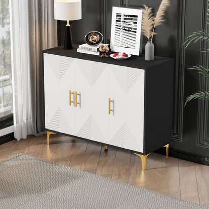 Dressoir – Opbergkast – Ladekast – Buffetkast – Sideboard – Mat Wit Gestreept – Gouden Handgrepen – Hardhout & Spaanplaat – Ruime Opbergruimte – Bohemian Design