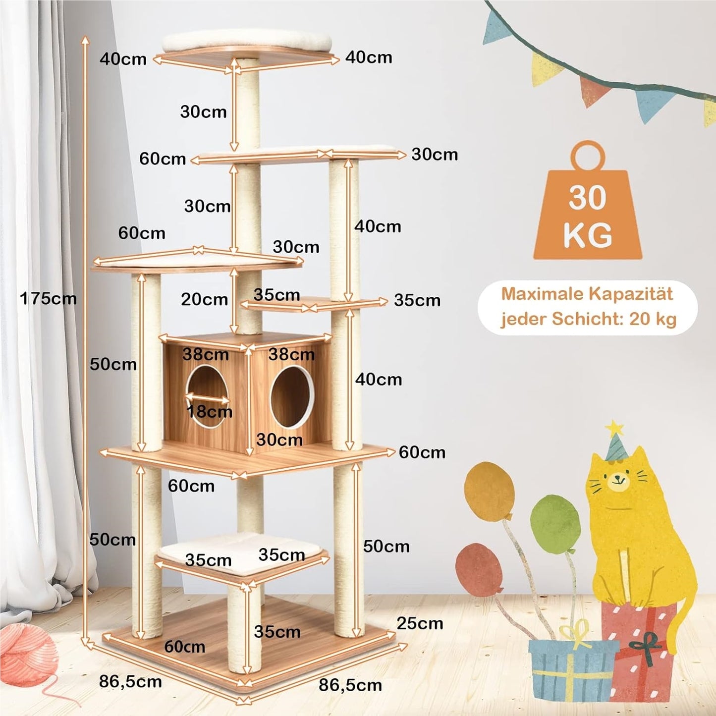 Krabpaal – Kattenboom – Kattenhuis – Krabmeubel – Kattenklimpaal – Multi-level ontwerp – Zachte pluche bekleding – 179 cm hoog – Sisal krabpalen – Beige