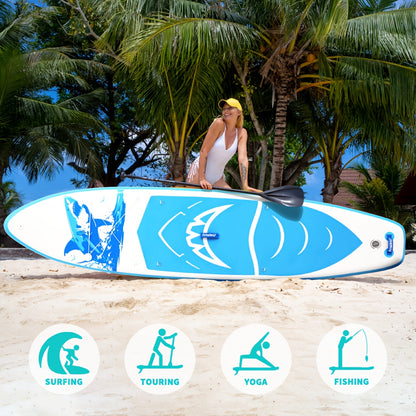 Opblaasbaar SUP Board – Paddleboard – Stand Up Paddleboard – Inflatable Board – SUP Surfboard – 350x84x15 cm – Hoogwaardig PVC – Blauw-Wit Haai Design