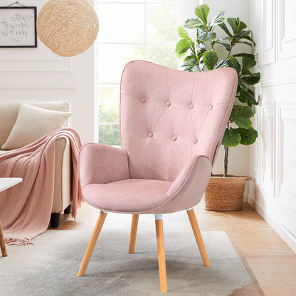 Slaapkamerfauteuil – Lounge Stoel – Zetel – Relaxfauteuil – Living Kamerstoel – Roze Stoffen Bekleding – Scandinavisch Design Met Eiken Houten Poten