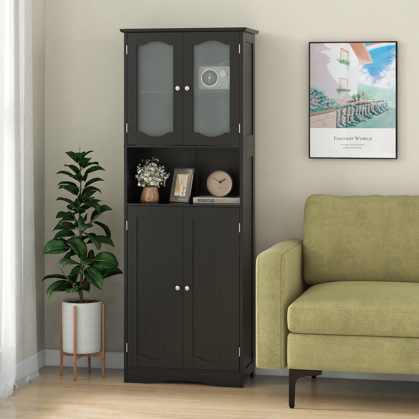 Hoge Kast – Opbergkast – Linnenkast – Badkamerkast – Voorraadkast – Matglazen Deuren – Verstelbare Planken – Zwart MDF – Compact Design 164 cm