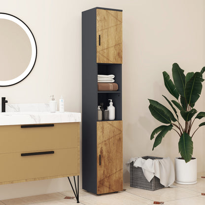 Colomnkast Badkamer – Opslagkast – Badkamerkast – Toiletkast – Badkamermeubel – Verstelbare Planken – Donkergrijs Eikenhout – 30 x 30 x 183 cm