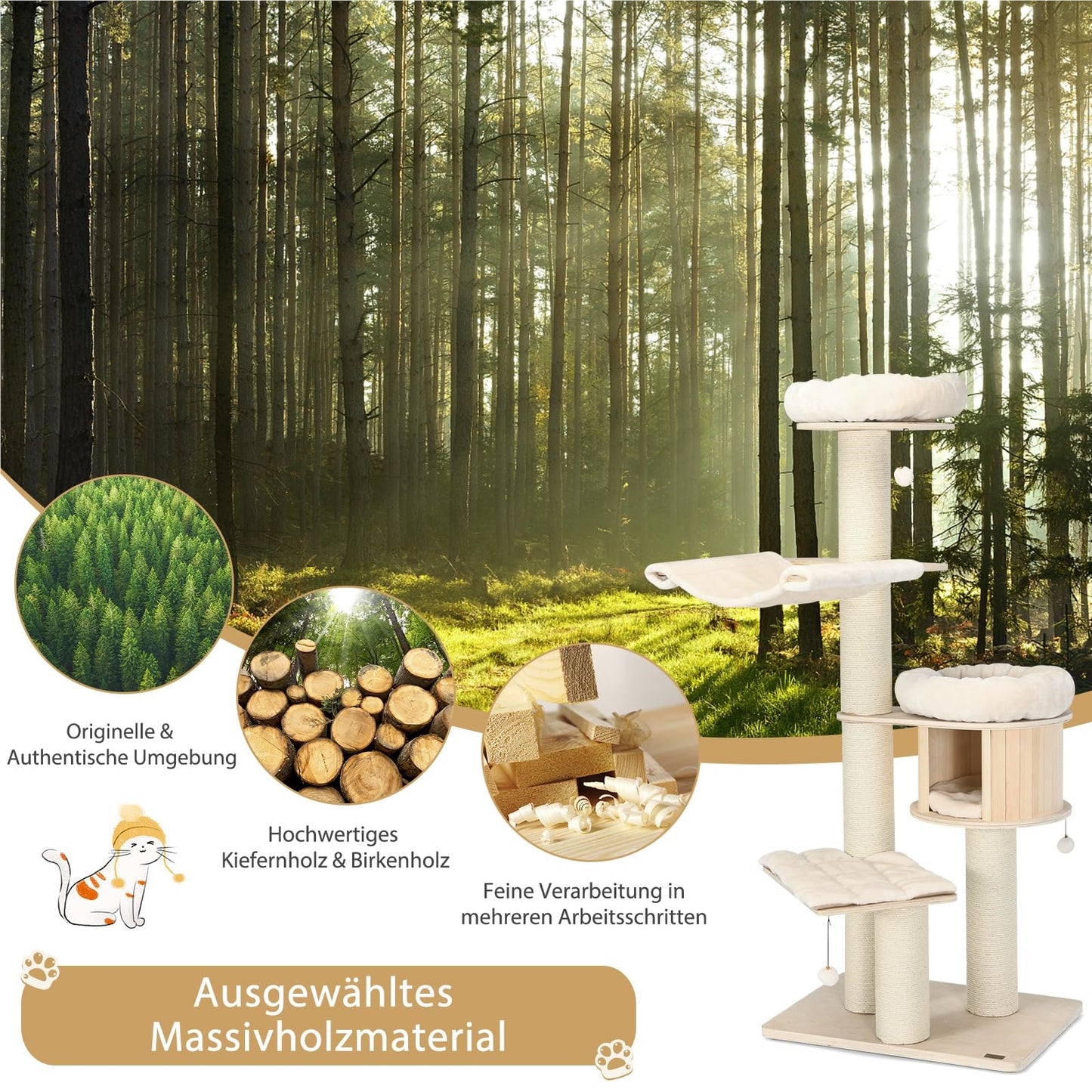 Krabpaal – Krabboom – Klimmeubel – Kattenmeubel – Krabton – 5-Lagen Hout – Inclusief Hangmat & Kattenhol – 174 cm Hoog – Sisal Krabpalen – Beige