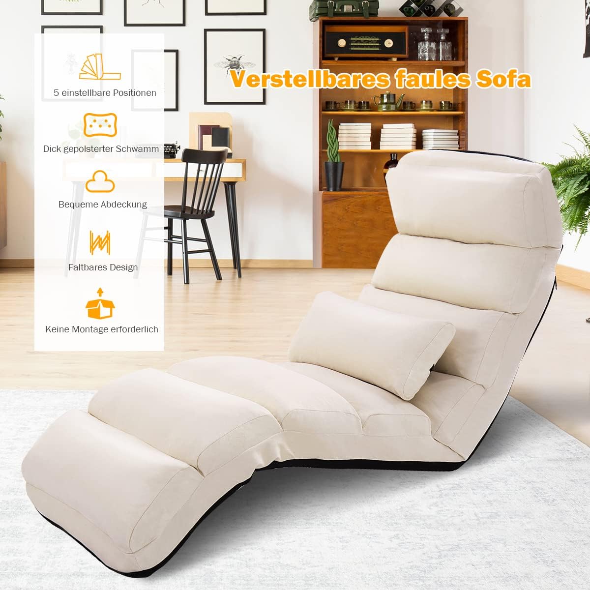 Relaxabele Vloerstoel – Opvouwbare Zitstoel – Floor Lounger – Vloersofa – Verstelbare Rugleuning – Zachte Foam Bekleding – Beige