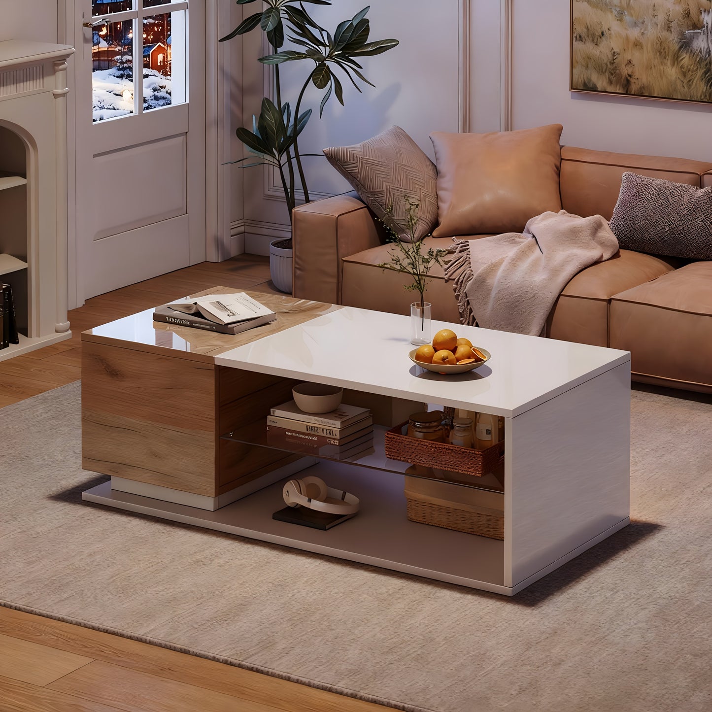 Salontafel – Koffietafel – Woonkamertafel – Tafeltje – Design Tafel – Two-Tone Hoogglans Glas – Compact Met Opbergruimte – Duurzaam & Eenvoudig Te Montateren