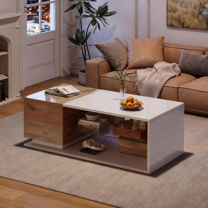 Salontafel – Koffietafel – Woonkamertafel – Tafeltje – Design Tafel – Two-Tone Hoogglans Glas – Compact Met Opbergruimte – Duurzaam & Eenvoudig Te Montateren