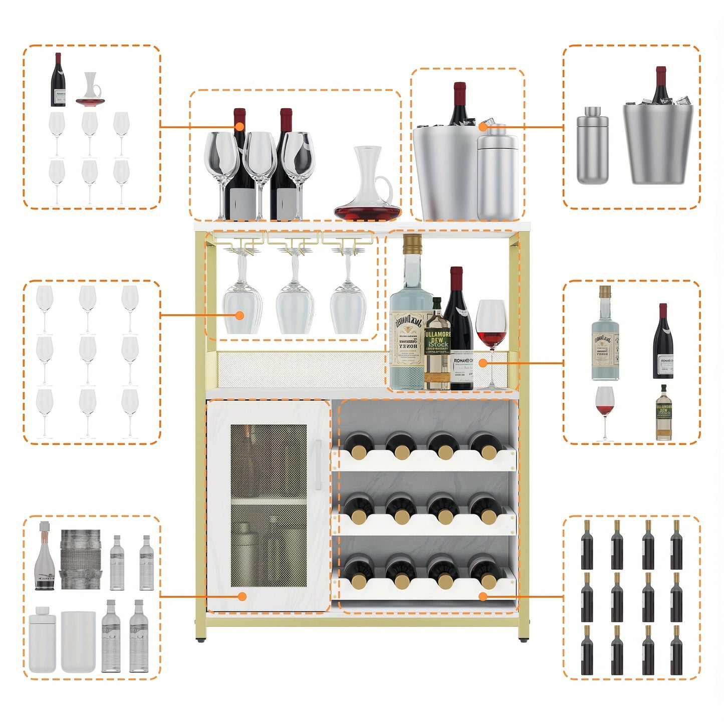Wijnkast – Wijnrek – Drankkast – Bar kast – Buffetkast – Drie lagen – MDF Hout & Metaal – Mesh deur – 69x35x92 cm – Ruime Opbergruimte