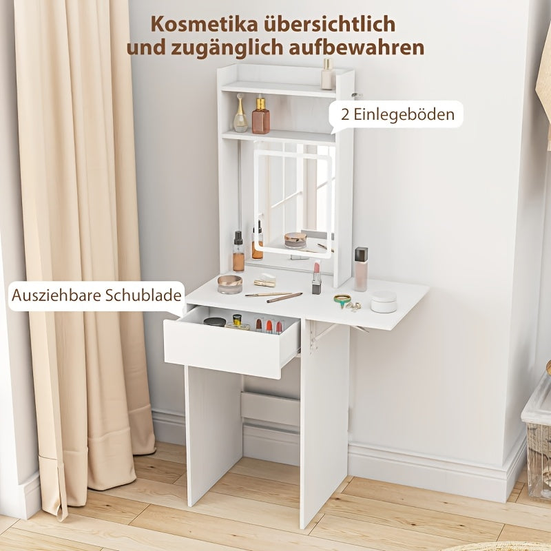 Compact Vanity Table with Large Mirror and Fold-down Tabletop | Hardwood, White, Includes Drawer and Open Desk Organizer, Ideal for Makeup, Gifts for Women, Christmas and Birthday Presents