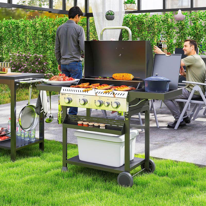 Gasbarbecue – Gas Grill – BBQ Grill – Buitenkeuken – Tafelbarbecue – 4 Hoofdbranders – Zijbrander Met Warmhoudplaat – 135x55x103 cm – Zwart