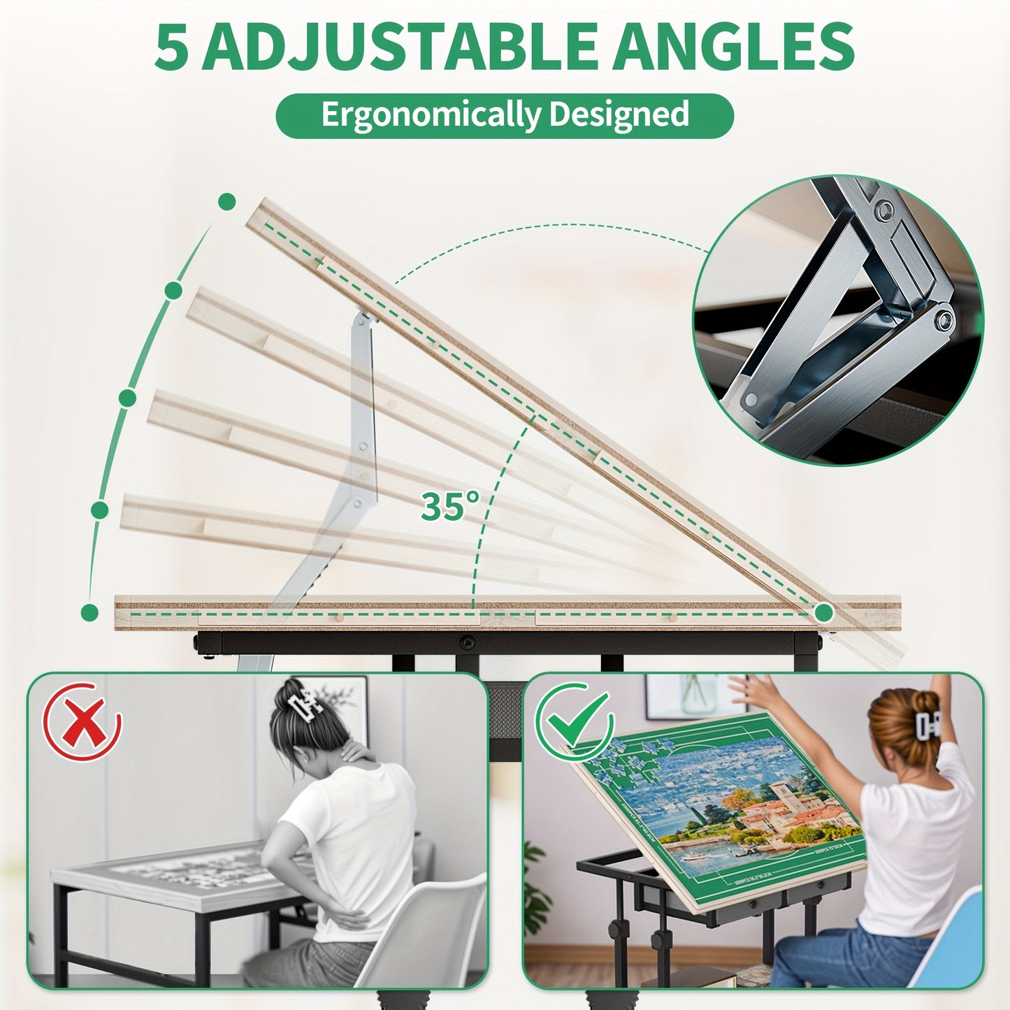 Puzzeltafel – Knutseltafel – Hobbytafel – Schaaktafel – Speeltafel – Verstelbare Hoogte – 5 Kantelstanden – 88,9 x 66 cm – 6 Opberglades – Houten Oppervlak