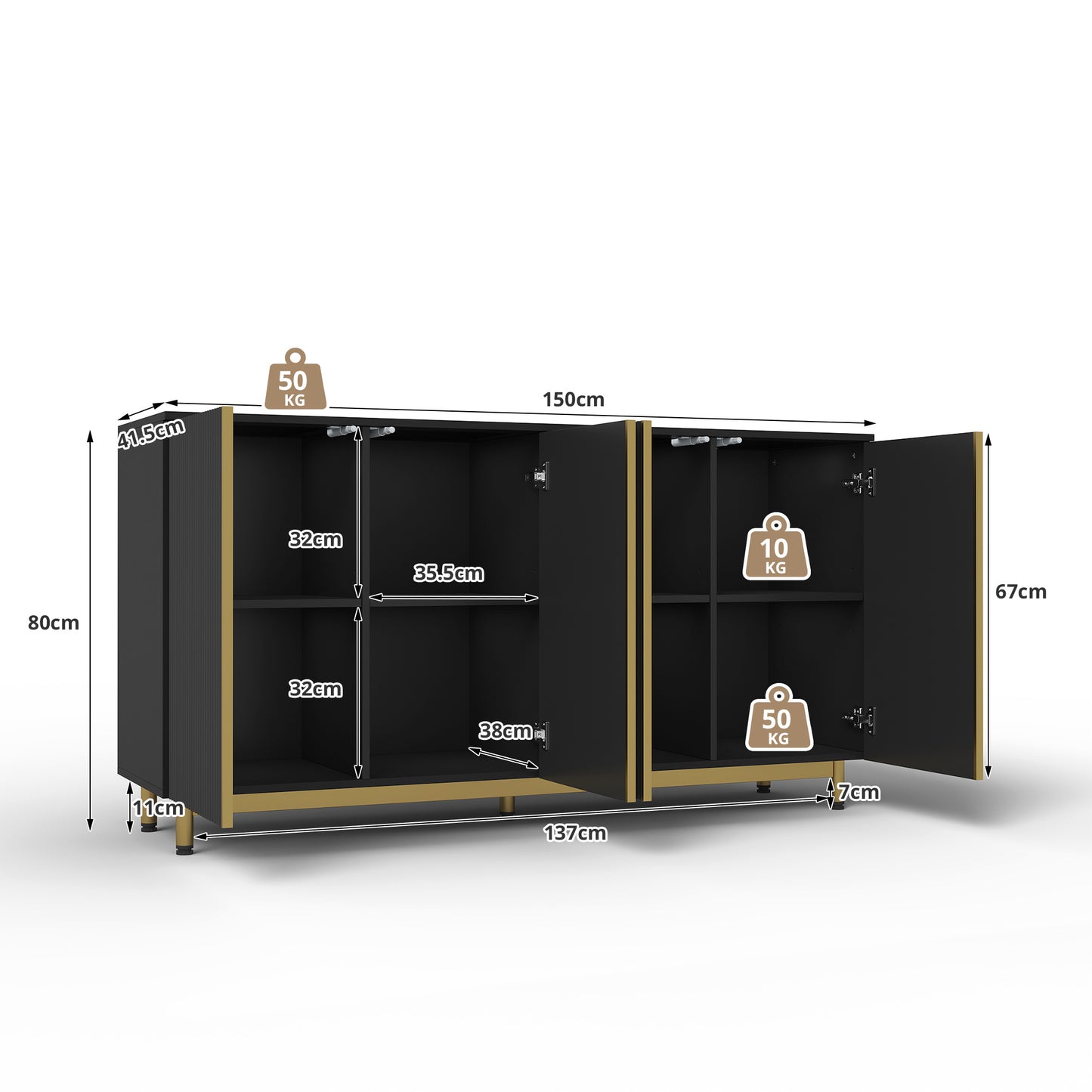 Sideboard – Dressoir – Opbergkast – Buffetkast – Kast – Modern Zwart – 150 Cm Breed – Zelfsluitende Deuren – Kantelbeveiliging