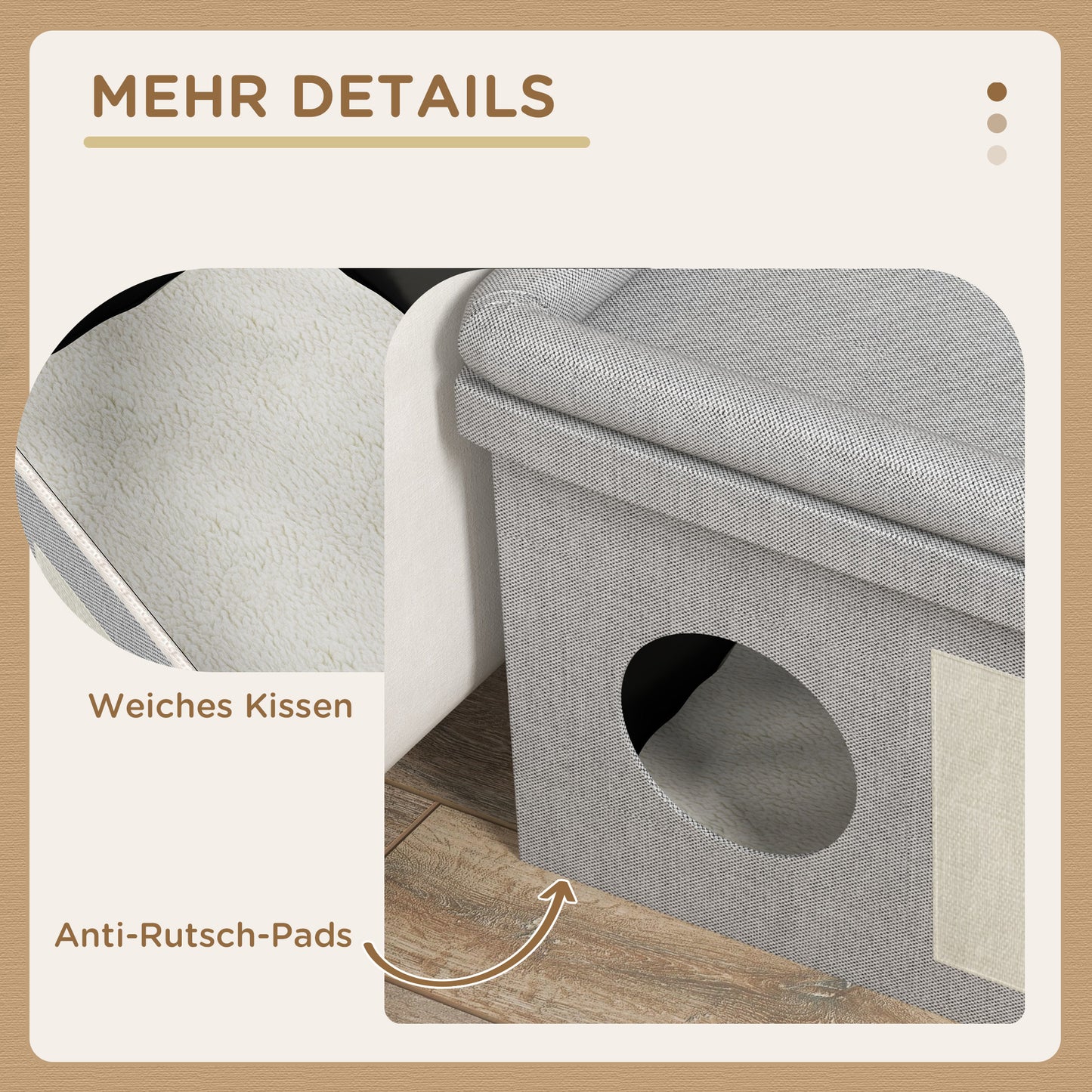 Kattenhuis – Kattenmand – Kattenhut – Kattenverblijf – Speelhuis Kat – Grijs – Verhoogde Voerplek Met 2 Roestvrijstalen Bakjes – Inclusief Sisal Krabmat En Zacht Kussen