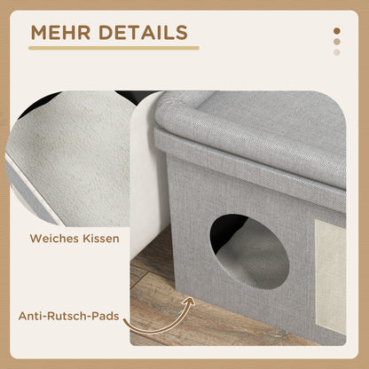 Kattenhuis – Kattenmand – Kattenhut – Kattenverblijf – Speelhuis Kat – Grijs – Verhoogde Voerplek Met 2 Roestvrijstalen Bakjes – Inclusief Sisal Krabmat En Zacht Kussen