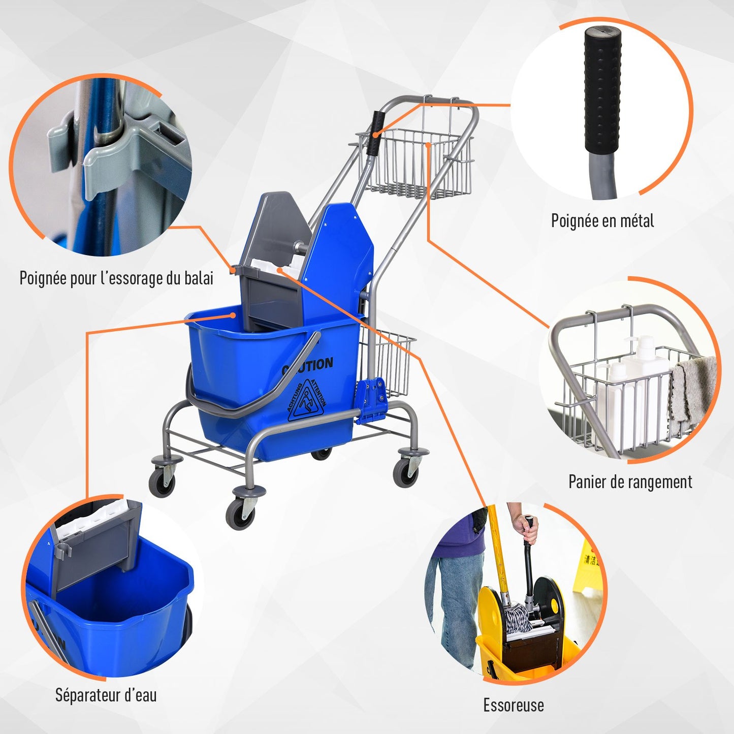 Schoonmaakwagen – Reinigingswagen – Dweilwagen – Systeemwagen – Schoonmaaktrolley – 26L Inhoud – Stalen Frame met 360° Zwenkwielen – Uitwringsysteem