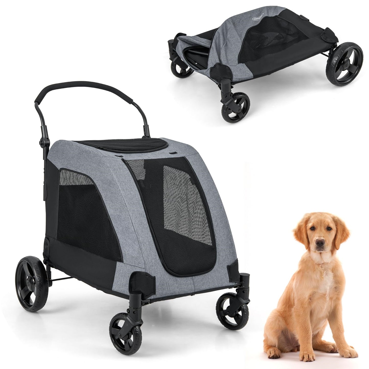 Hondenwagen – Hondenbuggy – Huisdier Trolley – Dierenwagen – Hondenwagen Opvouwbaar – Voor Middelgrote en Grote Honden – Met Mesh Ramen en Verstelbaar Handvat – Grijs
