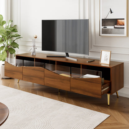 Modern TV Stand with Golden Metal Legs & Glass Top - Extra Long 180cm Media Console, Heavy-Duty Metal Construction, Built-in Storage Cabinet with Open Shelves & Closed Cabinets, Minimalist Living Room Furniture for Large TVs,