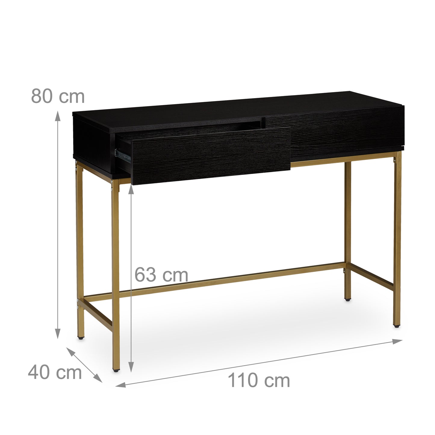 Sidetafel – Bijzettafel – Wandtafel – Haltafel – Consoletafel – Gouden Metalen Frame – Zwart Houten Blad – 2 Lades – Compact 80x110x40 cm
