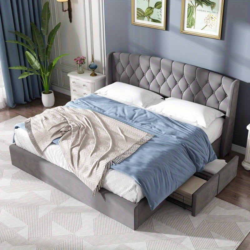 Bedframe – Stoffen Bed – Tweepersoonsbed – Opbergbed – Slaapbank – 180x200 cm – Met 4 Opberglades – Stevige Draadbodem
