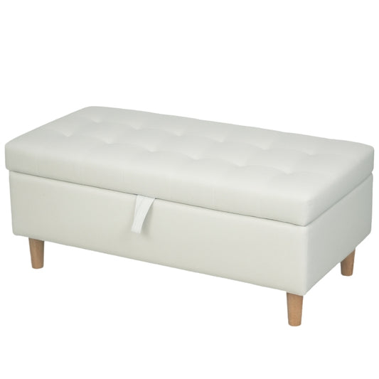 Poef – Opbergpoef – Zithocker – Opbergkruk – Voetenbank – Crème Wit – Vintage Stijl – Houten Poten – Zachte Stof – Ruime Opbergruimte – Stevig